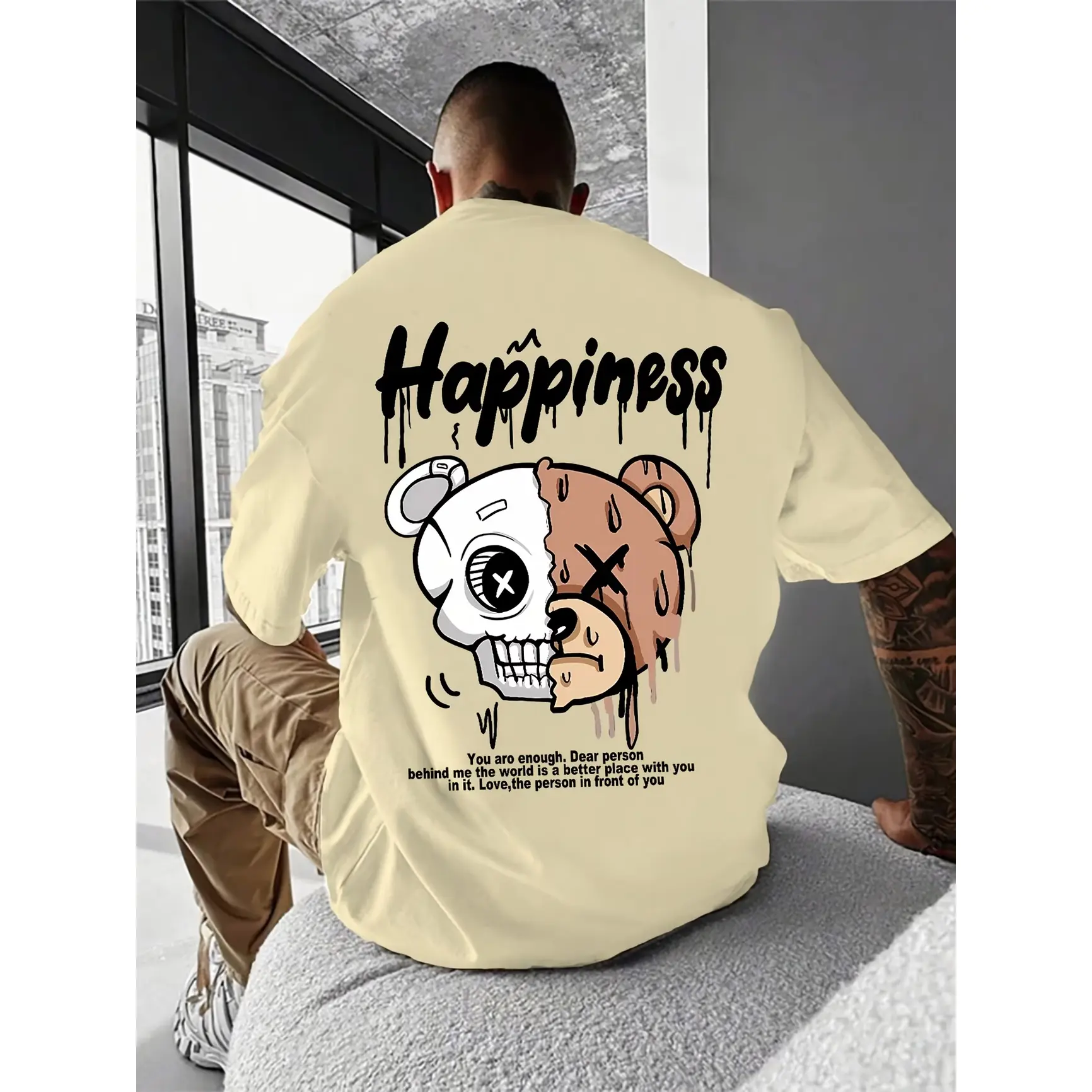 Men's Oversized Classic Breathable Cotton T-Shirt - Split Skull Bear Happiness Drip Letter Back Graphic, Gothic Hip Hop Streetwear Top, Cargo Jeans Matching Casual Tee, Valentine's Day Gift For Couples