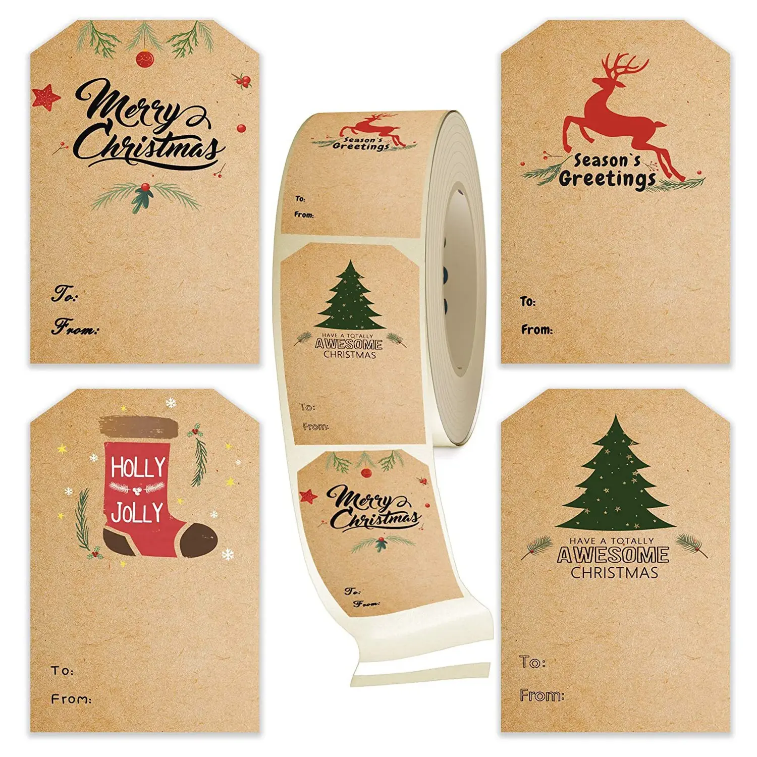300pcs/roll Kraft Paper Christmas Stickers, 7.5*5cm Holiday Decorations, Gift Tags, Party Labels, Writeable Kraft Paper Stickers