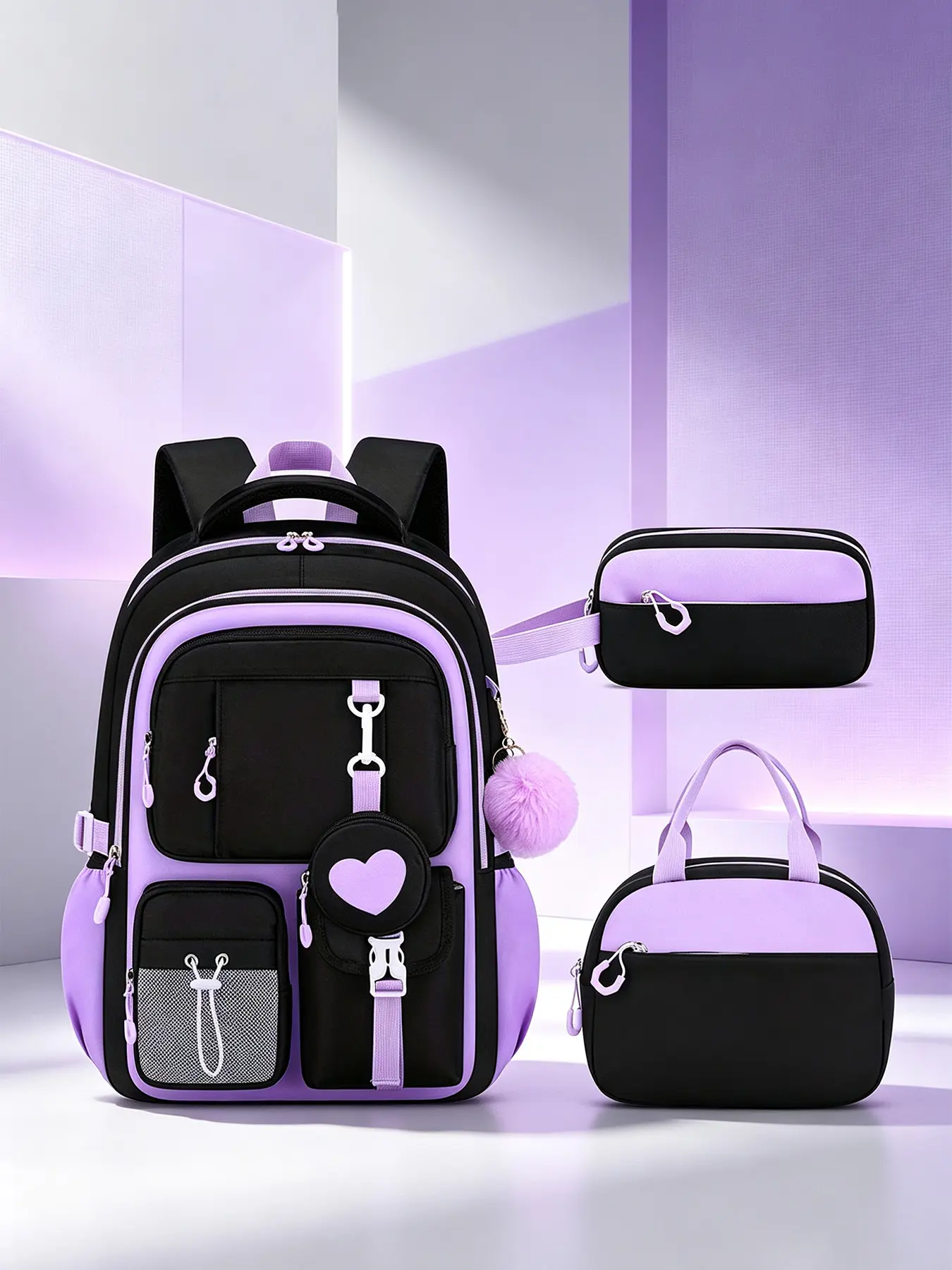 3pcs Black Purple Color Block Backpack Three-Piece Set Multi-Layer Independent Zipper Pockets Heart Print Mini Coin Pouch Fluffy Pom Pom Ornament Matching Handheld Lunch Bag Stationery Pouch Large Capacity Storage Bag Set for Campus Study Short Trip Da