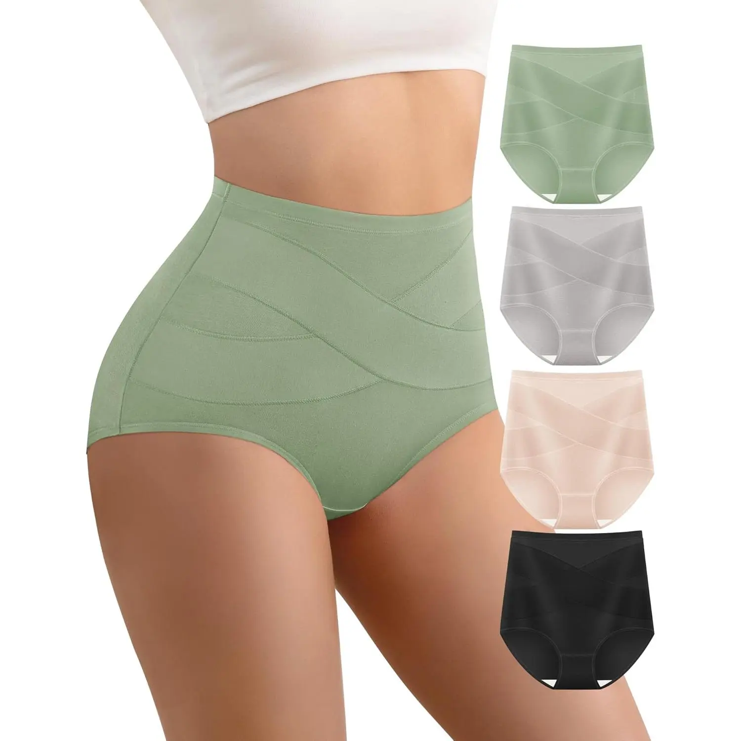 Women's High-Waisted Cotton Fabric Underwear - 4-Pack Fitted Compression Briefs, Stretch, Breathable, Full Coverage, Hip-Supportive Basic Underwear for Ladies
