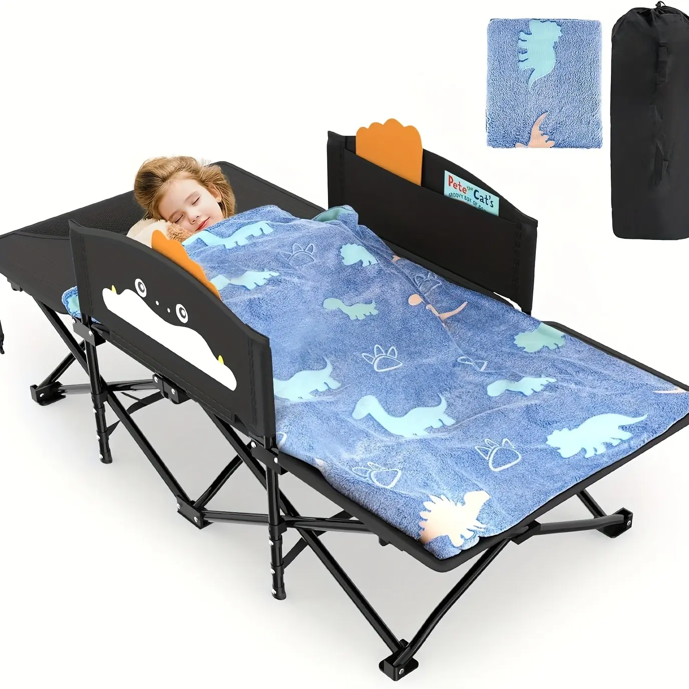 Portable Camping Bed Designed for Outdoor Use, Featuring a Cute Cartoon Handrail And a Cozy Blanket (5Ft X 4Ft), with an Extended Length of 56 Inches And a Robust Support Capacity of 330 Lbs