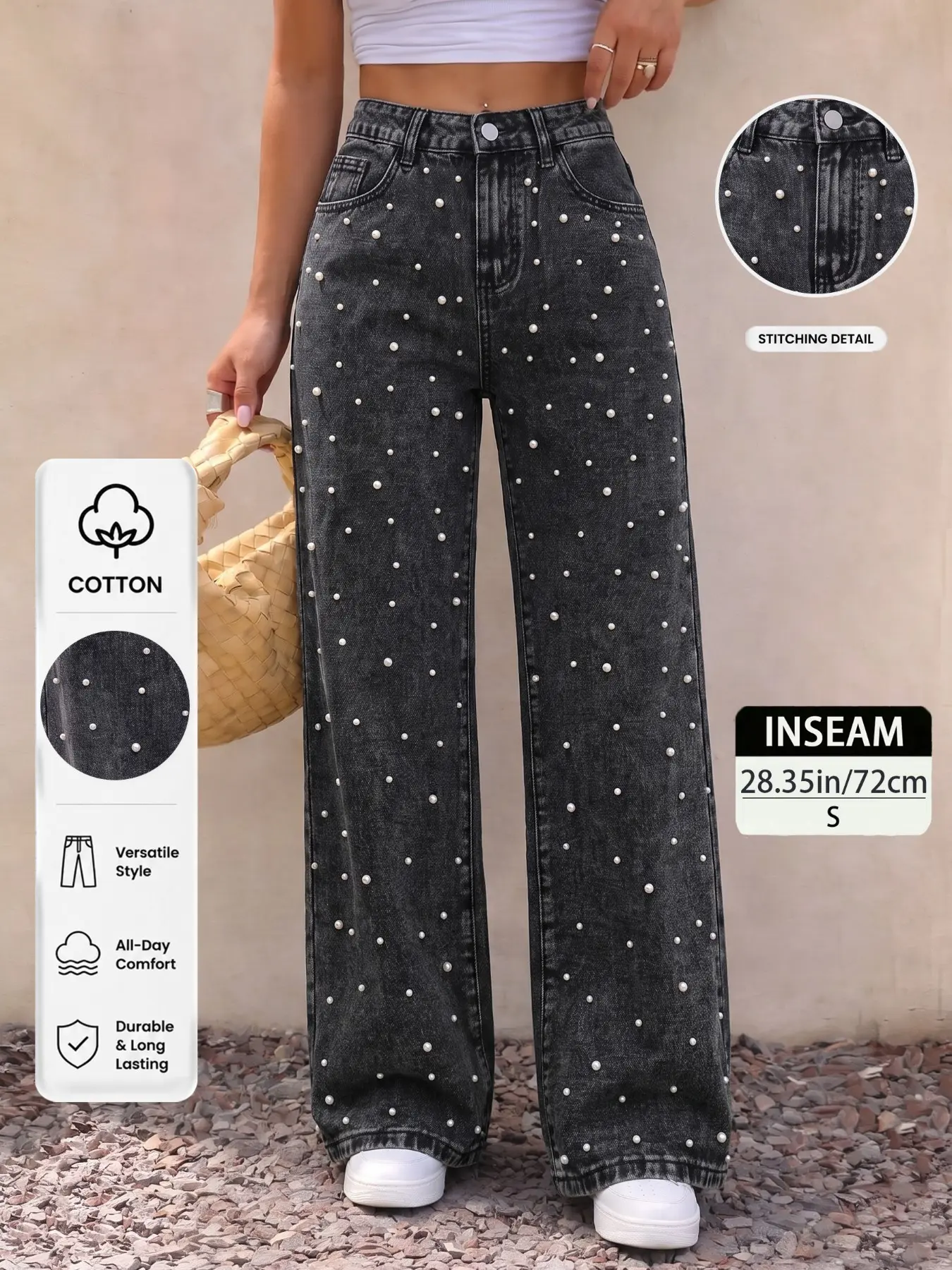 Women's Mid-Rise Straight Leg Jeans with Beading, Snow Wash Denim Pants, Slimming Trendy Street Style, Elegant Casual Summer Bottoms, All Seasons Wear, Streetwear