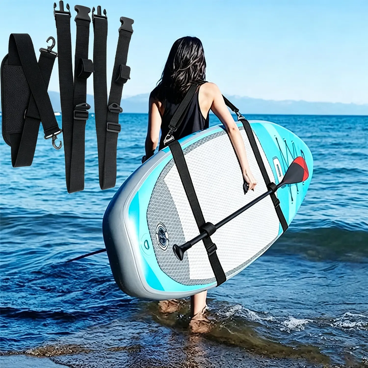 Adjustable surfboard shoulder strap, Surfing, multifunctional paddleboard tie-down strap, kayak fixing strap, paddleboard harness, surfboard and paddleboard accessory, hands-free SUP strap, universal paddleboard and canoe accessory.