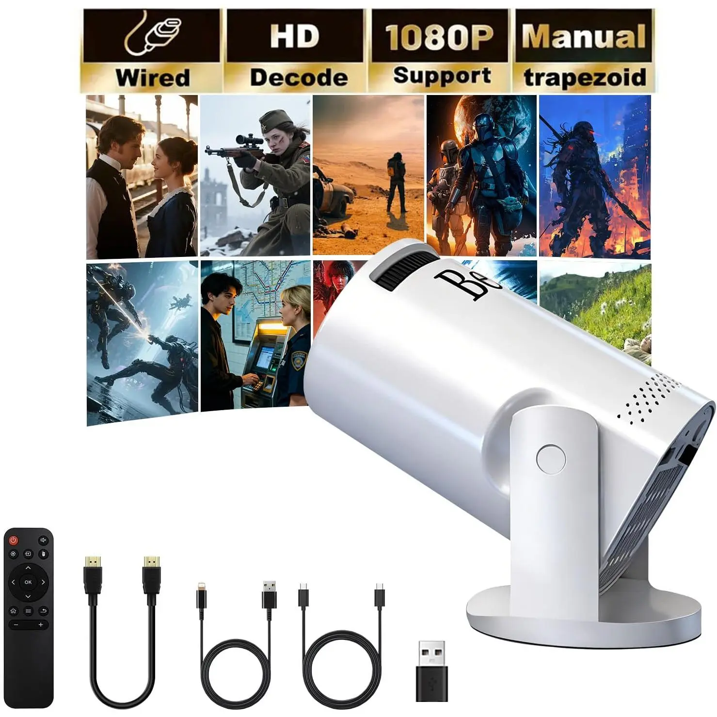 Mini projector, with wired screen sync 4K 1080P portable projector 180 °     rotation. 17-130" screen video projector. Compatible with smartphones, laptops.
