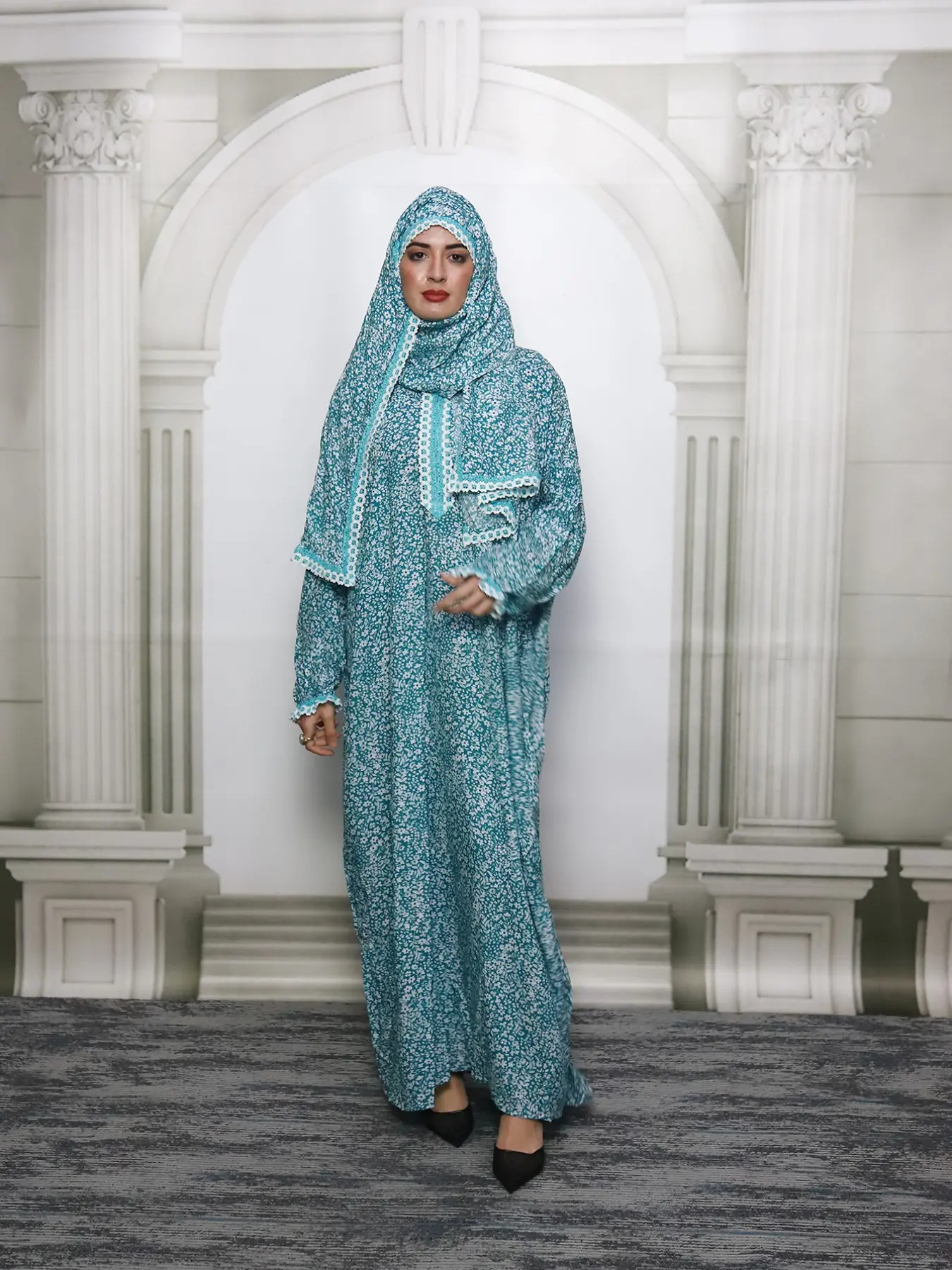 Middle Eastern Women's High-End Elegant Lace Scarf Prayer Dress, Fashion Printed Long Dress, Modest Loose-Fitting Long Sleeve Dress