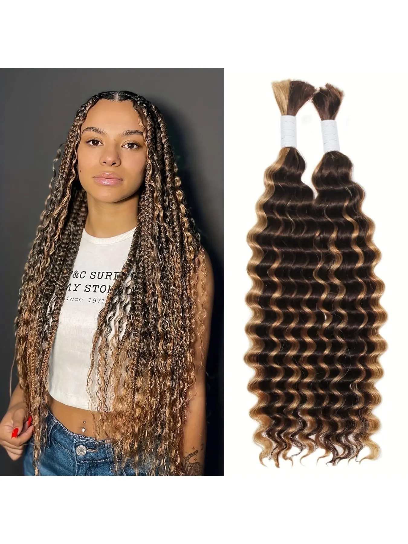 4/27 Highlight Deep Wave Human Hair Bundles For Braiding 2 Pcs Set 100g 2 Bundles No Weft Micro Braiding Hair Extensions For Women Available Lengths 14 To 28 Inch Boho Curls Braids