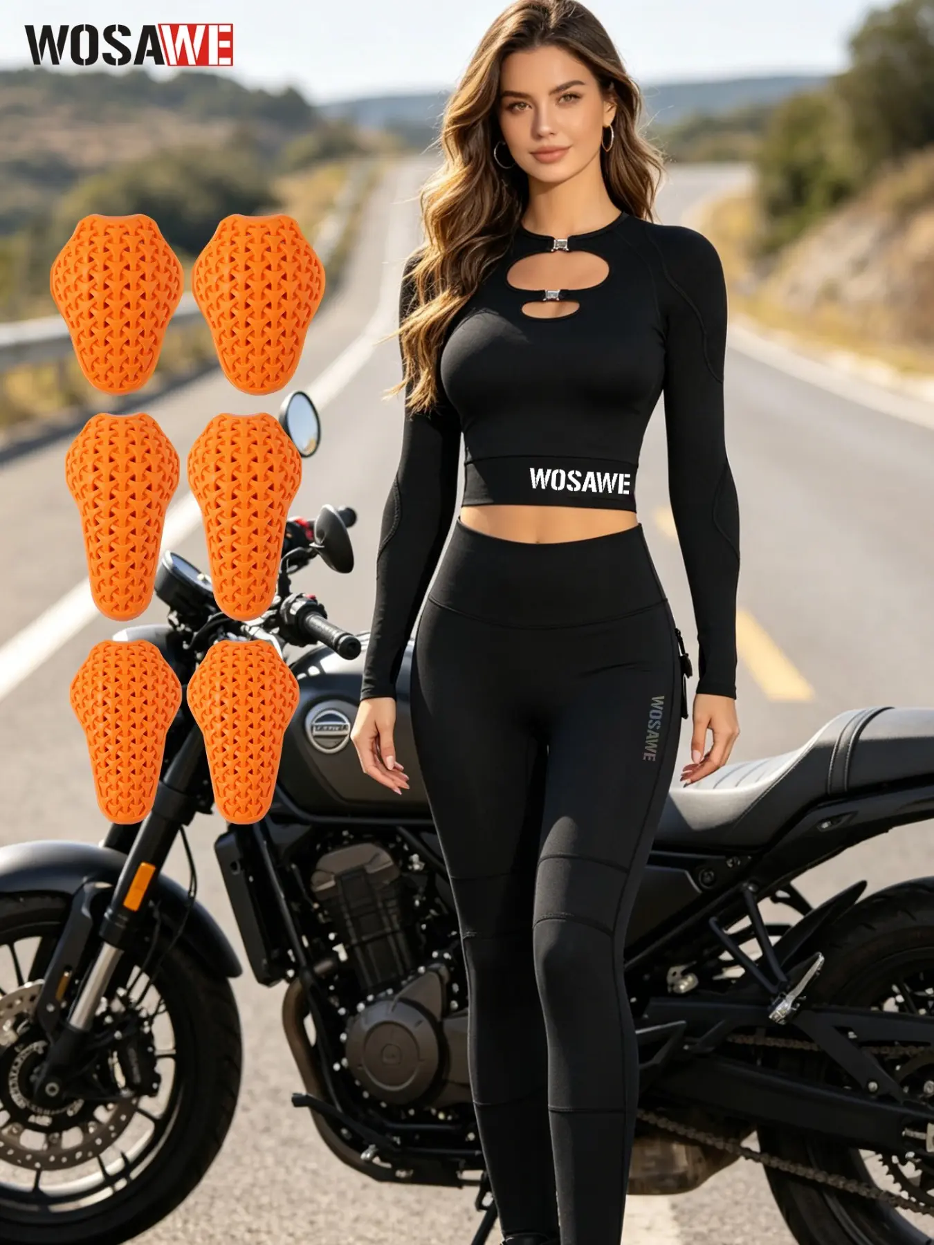 WOSAWE Women's Moto Riding Set - Yoga Fabric Cropped Top & High-Waisted Slim Pants with Detachable Pads & Reflective Details Athletic Set