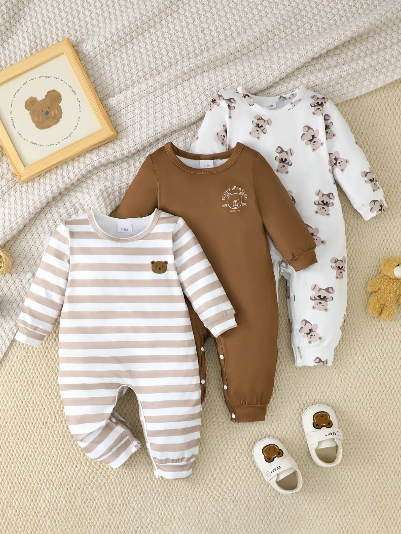 Baby Boys Jumpsuit 3-Piece Set, Printed Bodysuit Set, Cartoon Bear & Striped Pattern, Long Sleeve Multi-Color, Spring Fall Daily Wear, Outdoor Play