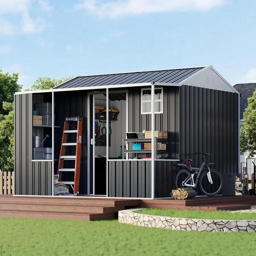 9*9*7 FT/10x10.5x7 FT Heavy Duty Metal Tool Shed With Dual-Zone Work Area – Reinforced Frame, Gable Roof & Vents Backyard Storage (Dark Grey)