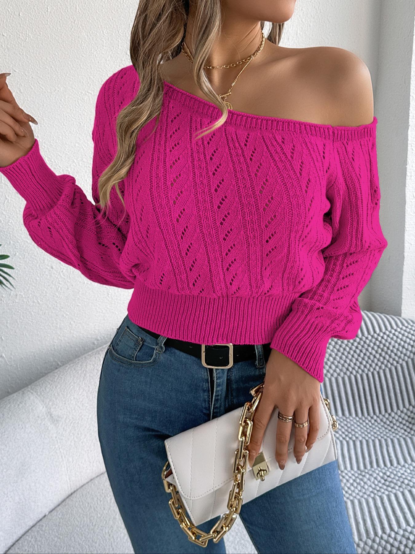 Women's Plain Textured Hollow-Out Asymmetrical Neck Sweater, Elegant Raglan Sleeve Jumper for Fall & Winter, Fashion Ladies' Knitwear for Daily Wear