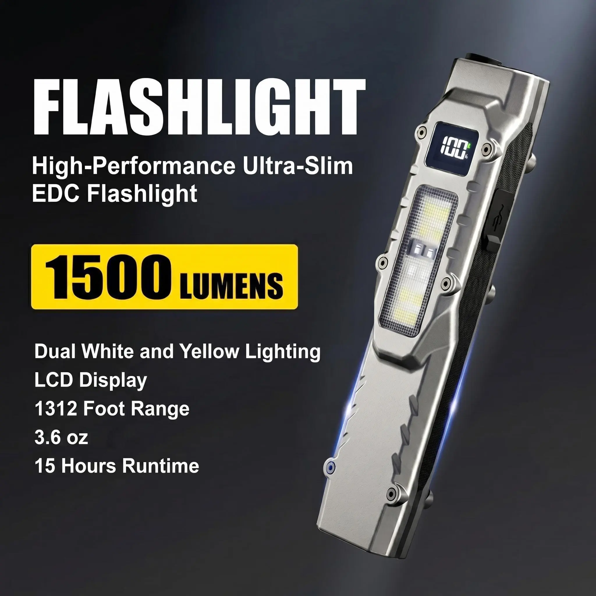 1500 Lumens Smart LCD LED Flashlight, UV Lamp & Red Light, USB-C Rechargeable Lithium Ion Battery Everyday Carry Pocket Torch with Dual Clip, Handheld Led Flashlights, Strong Light Flashlight