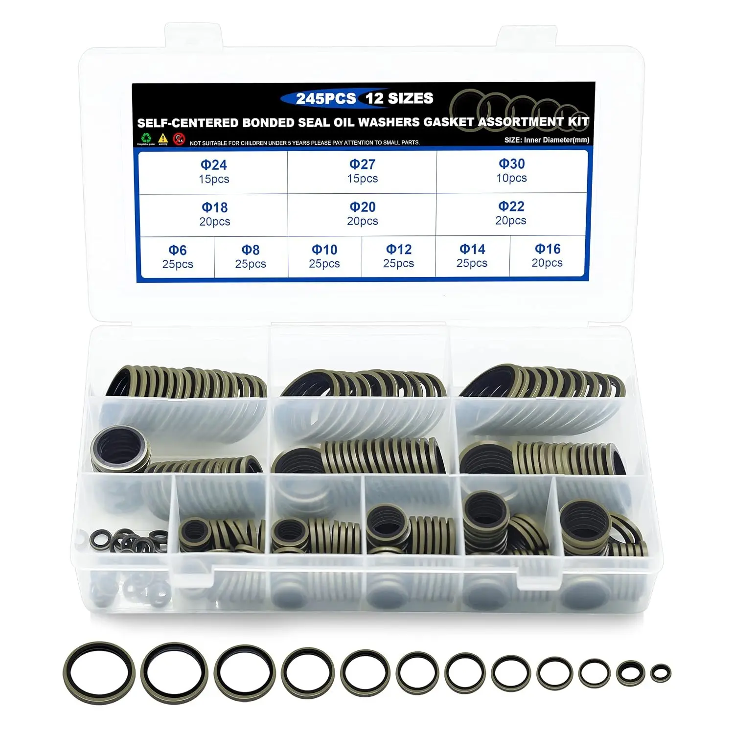 245 count Seal Washers NBR Metric Metal Rubber Washers Kit 12 Size | Self-Centred Sealing Rubber Gasket Combination Fit 12 Size M6 M8 M10 M12 M14 M16 M18 M20 M22 M24 M27 M30