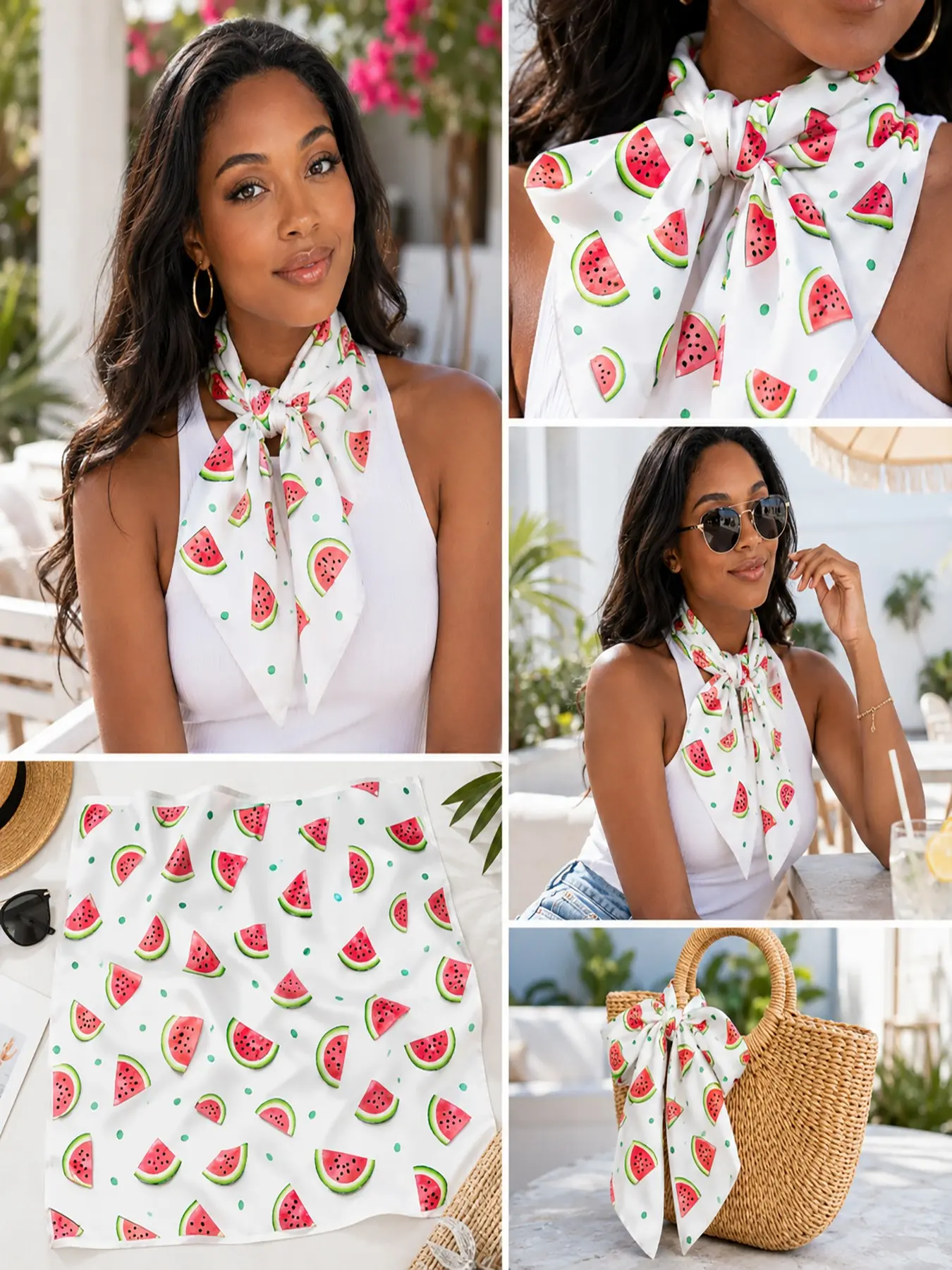 Women Summer Watermelon Print Square Scarf, Cute Fruit Pattern Neck Kerchief, Casual Chic Decor for Beach Holiday Daily Wear