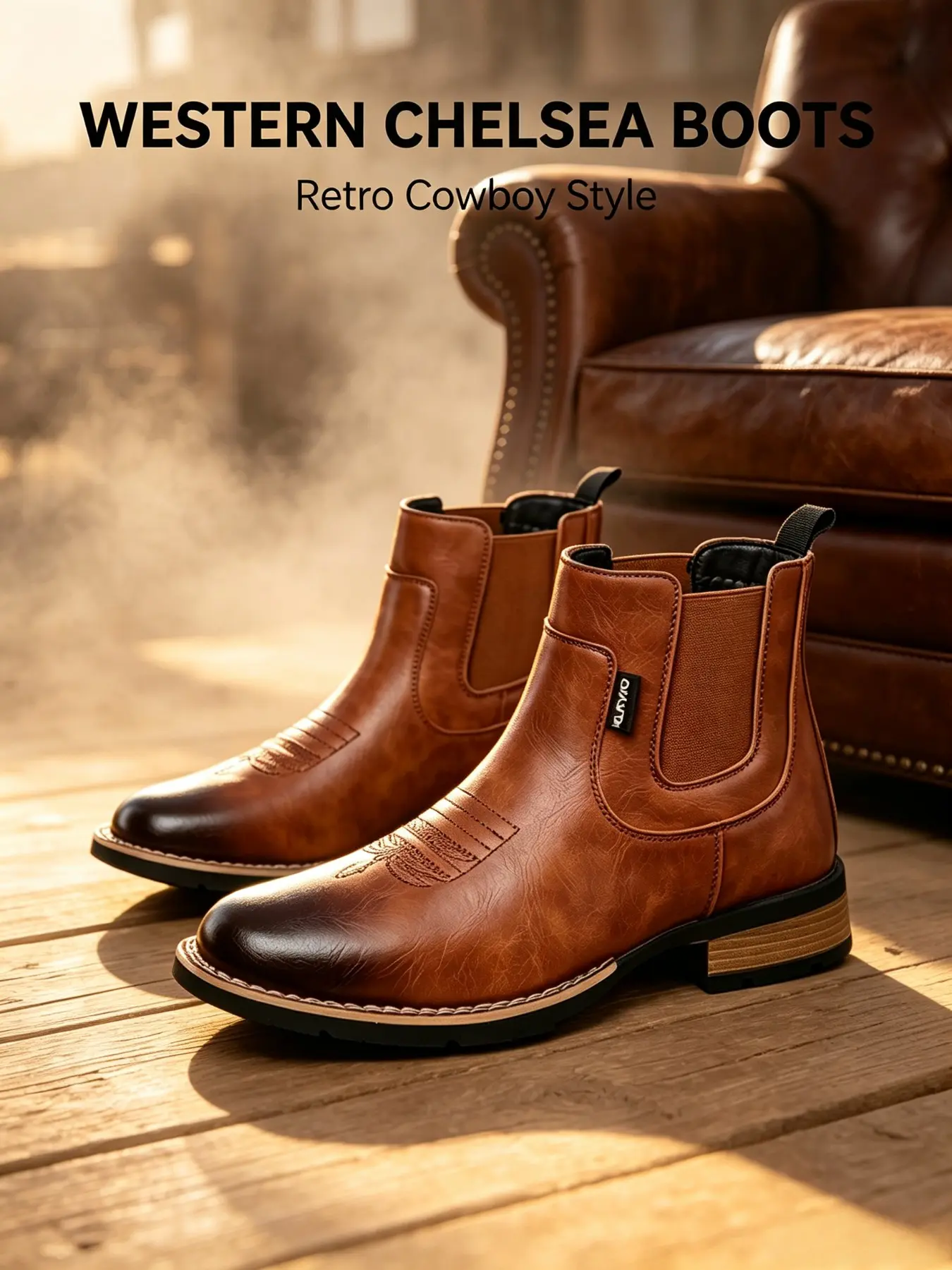 Men's Western Style Chelsea Ankle Boots, Vintage Cowboy Design, Pointed Toe Thick Heel, Casual Work Shoes, Outdoor Daily Commute
