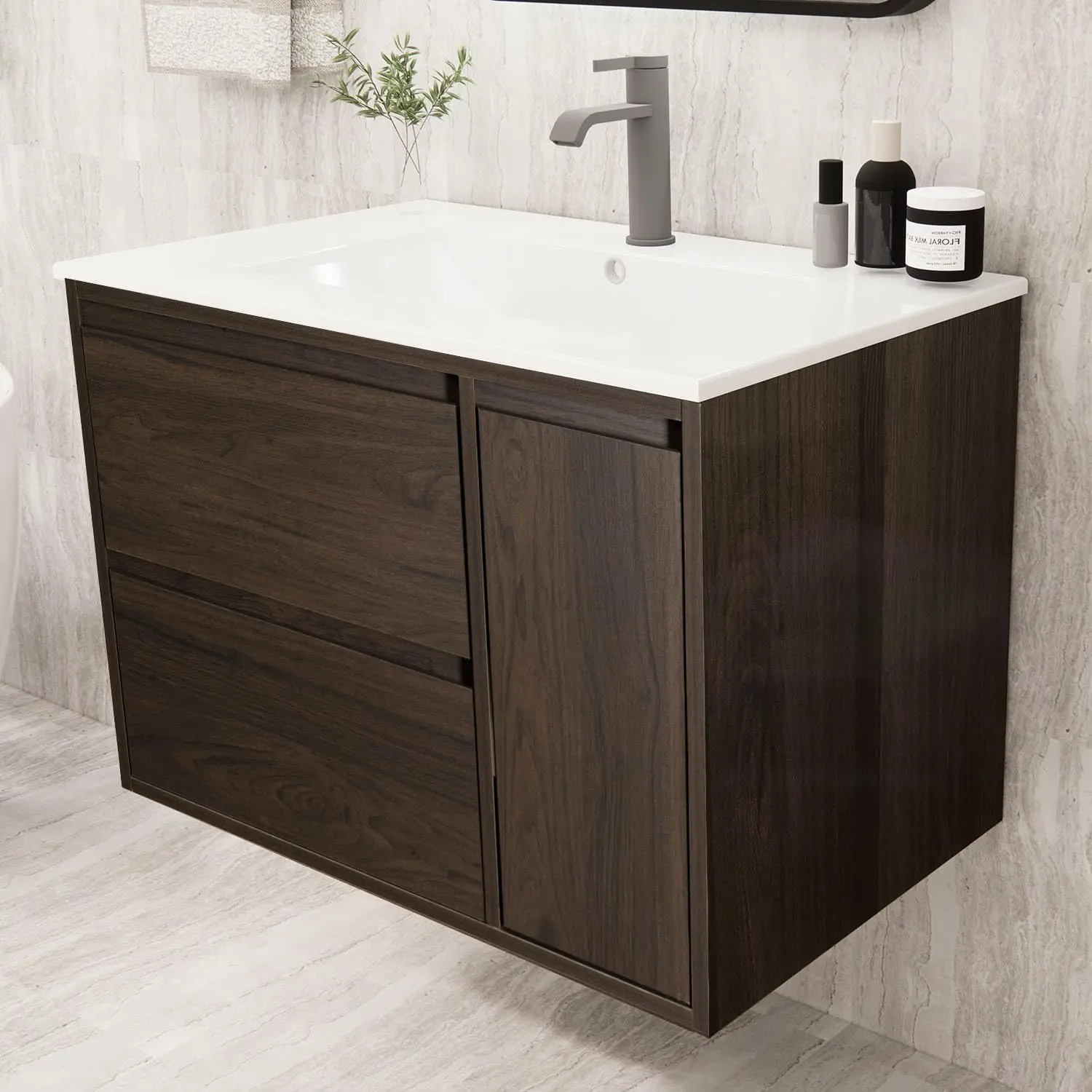30" Bathroom Vanity , Floating Bathroom Vanity with Large Storage, Modern Bathroom Cabinet with Ceramic Sink, 2 Soft-Close Drawers and 1 Door