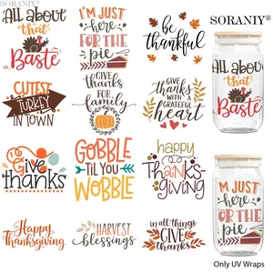 UV DTF Water Cup Transfer Stickers, 12 Thanksgiving Quotes, Waterproof, High Adhesion, DIY Decor for Cups, Bottles, Furniture, Frames