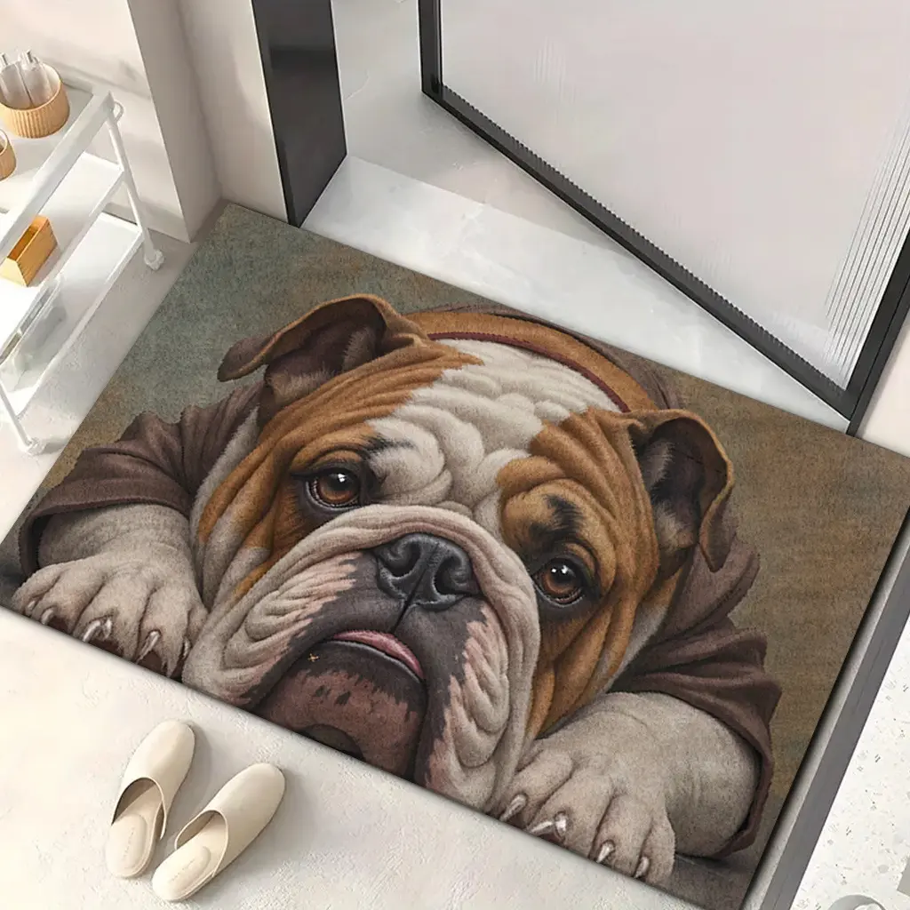 Diatomite Doormat - Rectangle Cute Lazy British Bulldog 3D Animal Portrait, Instant Absorb, Quick Dry, Non-Slip Entry/Bath Mat for Dog Lovers, Rinsing-Friendly, Fits All Door Thresholds, Ideal Home Decor Gift, Animals, Home Supplies, Rustic, On Bath