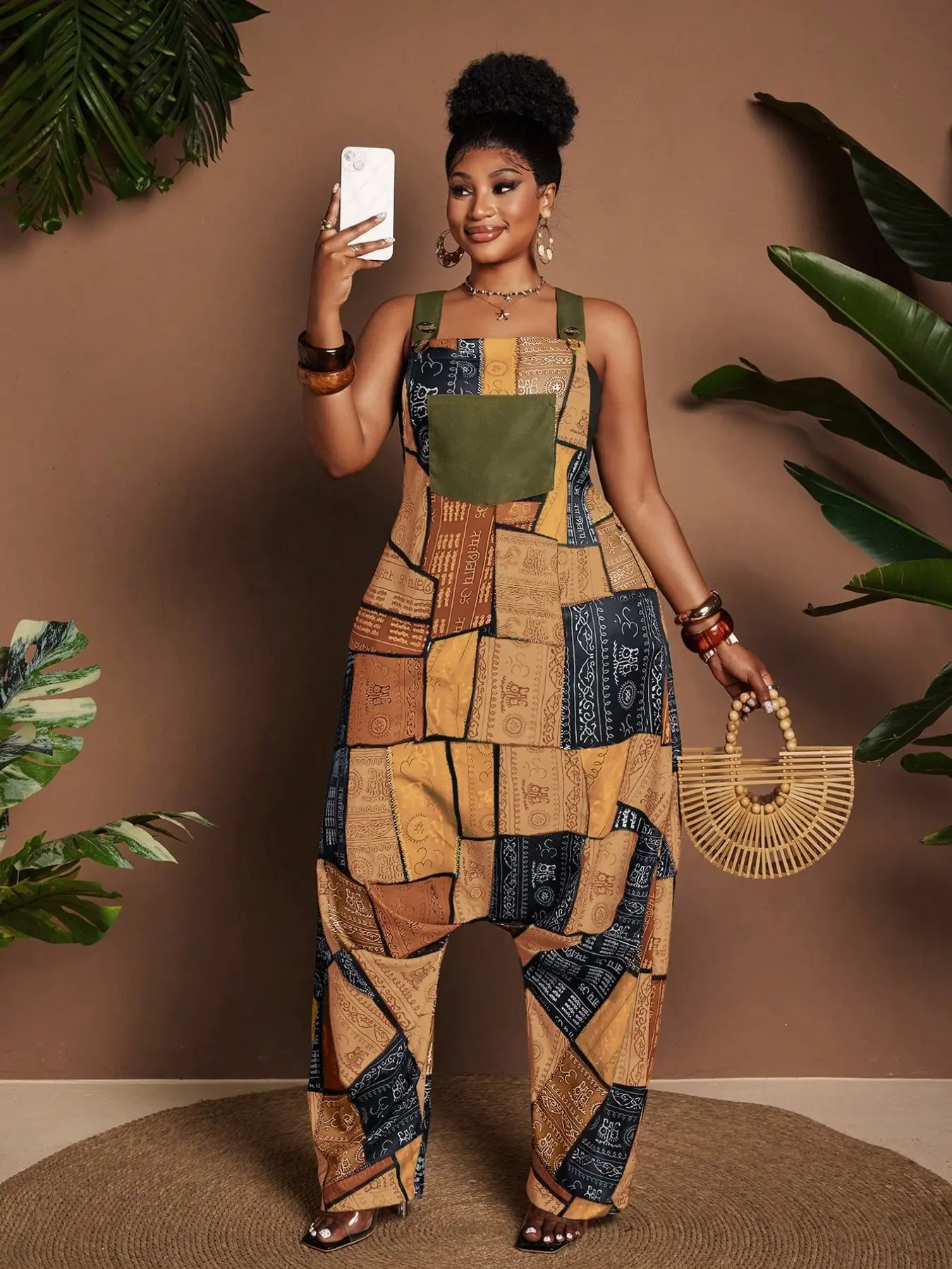 Plus Size Patch Printed Sleeveless Loose Harem Pocket Jumpsuit, Casual Bohemian Style Overalls, Multiple Colors, All Seasons
