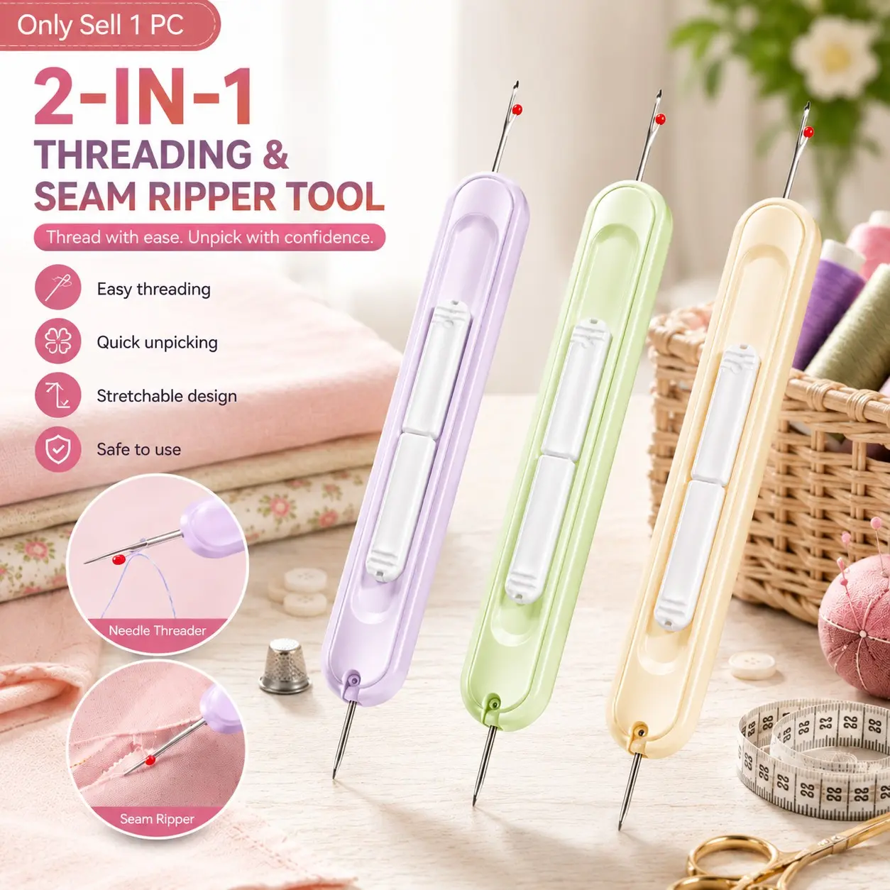 2 In 1 Threading And Thread Removal Tools, Upgraded 2 in 1 Automatic Needle Threaders Seam Ripper With Stretchable Design For Hand Sewing, Knitting, Quilting And Craft Projects