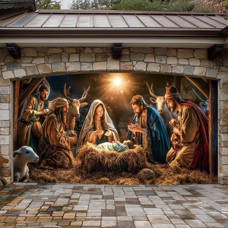 1 religious character nativity scene garage door banner Large polyester tapestry with Mary and Joseph outdoor holiday decoration, perfect for holiday and party atmosphere poinsettia artificial