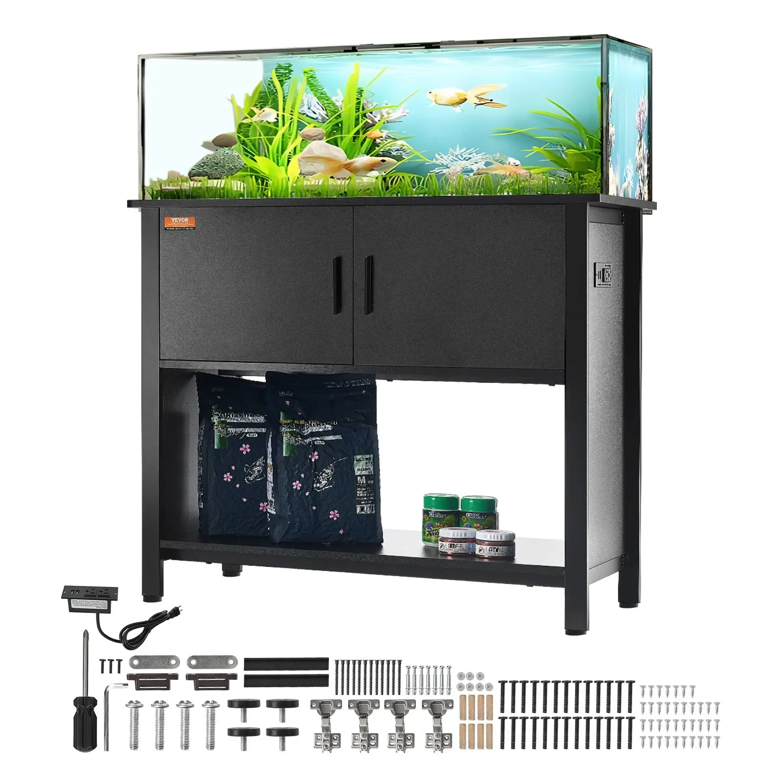 VEVOR Aquarium Stand, 40 Gallon Fish Tank Stand, 36.6x 18.9x 31.5 in Steel and MDF Turtle Tank Stand, 335 lbs Load Capacity, Reptile Tank Stand with Storage Cabinet and Embedded Power Panel, Black