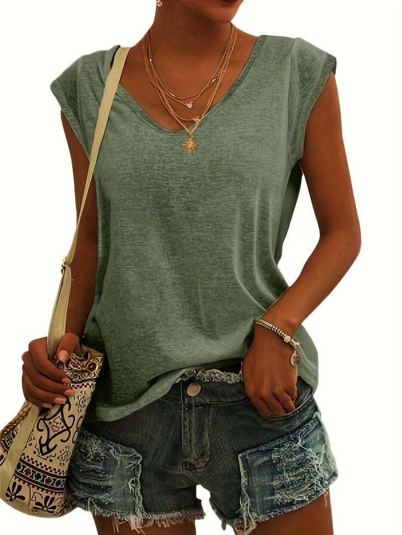 Women's Plain V Neck Short Sleeve Tee, Casual Minimalist Solid Cap Sleeve T-Shirt for Summer, Summer Outfits 2024, Women's Top for Daily Wear