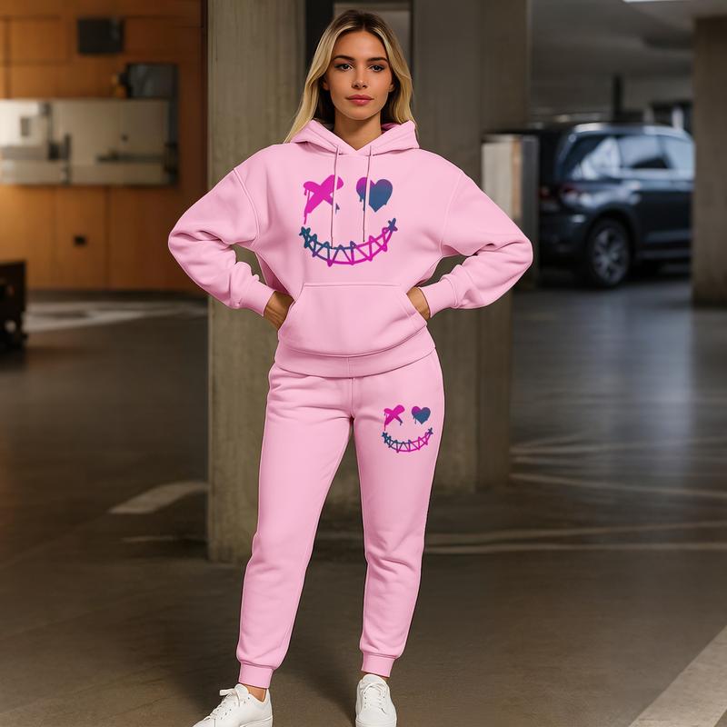 Women's Graffiti Smiley Print Hoodie and Drawstring Track Pants Set, Long Sleeve Hooded Sweatshirt and Jogger Outfit with Pockets, Casual 2 Piece Fall Winter Sportswear, Trendy Streetwear Tracksuit Set for Indoor Outdoor Daily Wear