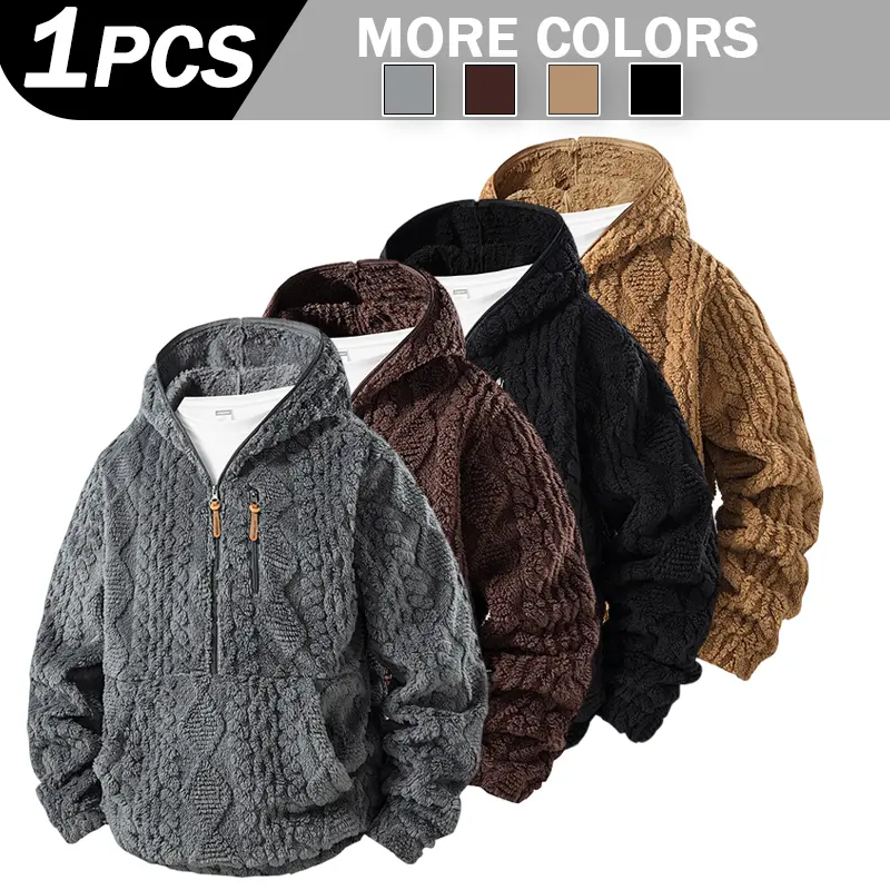 Cable Jacquard Sherpa Fleece Half Zip Hoodie, Textured Plush Pullover Hooded Sweatshirt, Kangaroo Pocket Zipper Chest Pocket Warm Casual Long Sleeve Outerwear