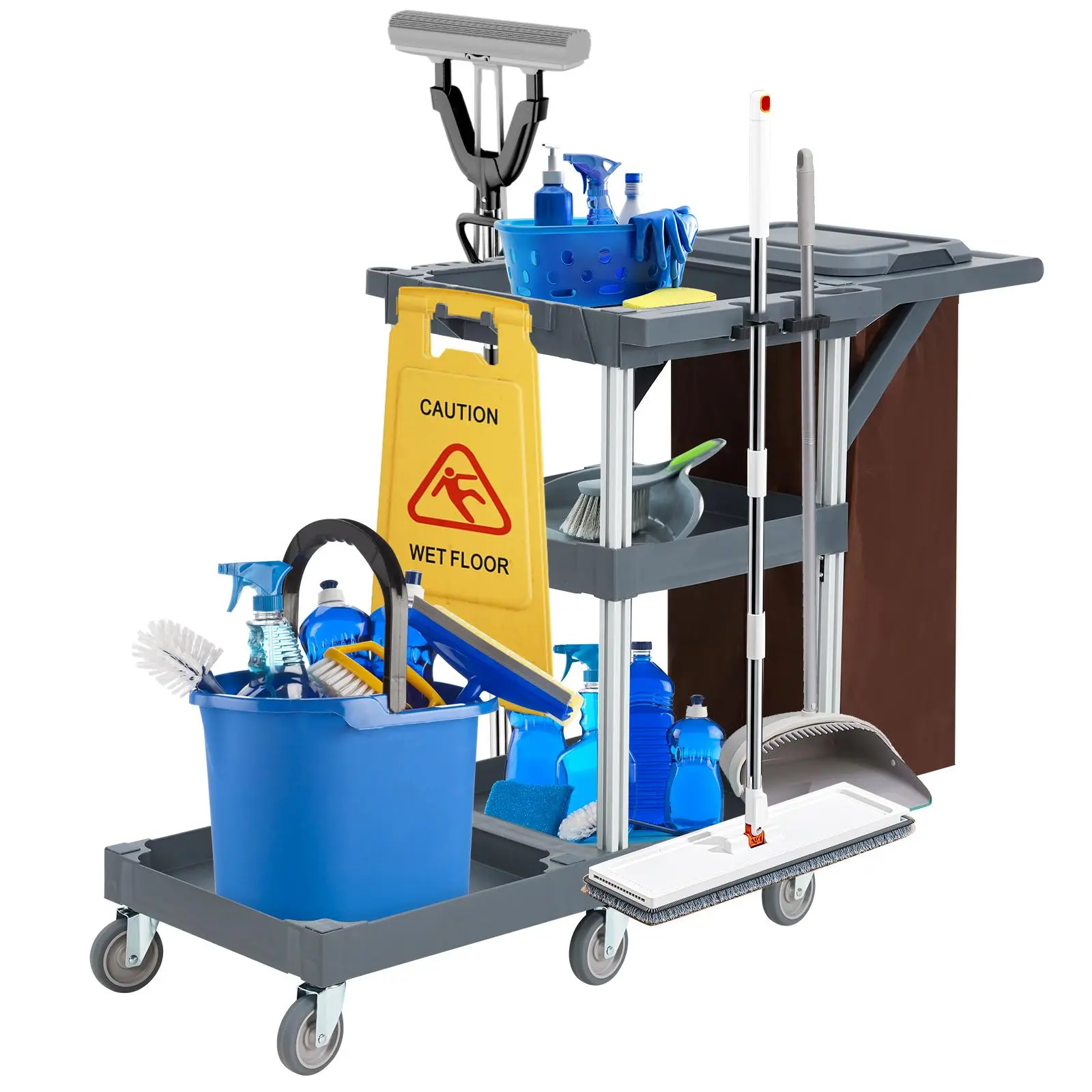 Sturdy 3-Layer Plastic Polypropylene Industrial Commercial Janitorial Cleaning Cart, 3-Shelf with Smooth Wheels, 2 Cabinets, Cover, Oxford Bag, Tool Racks, 300 Lb Capacity, Fits Brooms & Wet Floor Signs (Business: Schools, Hotels)