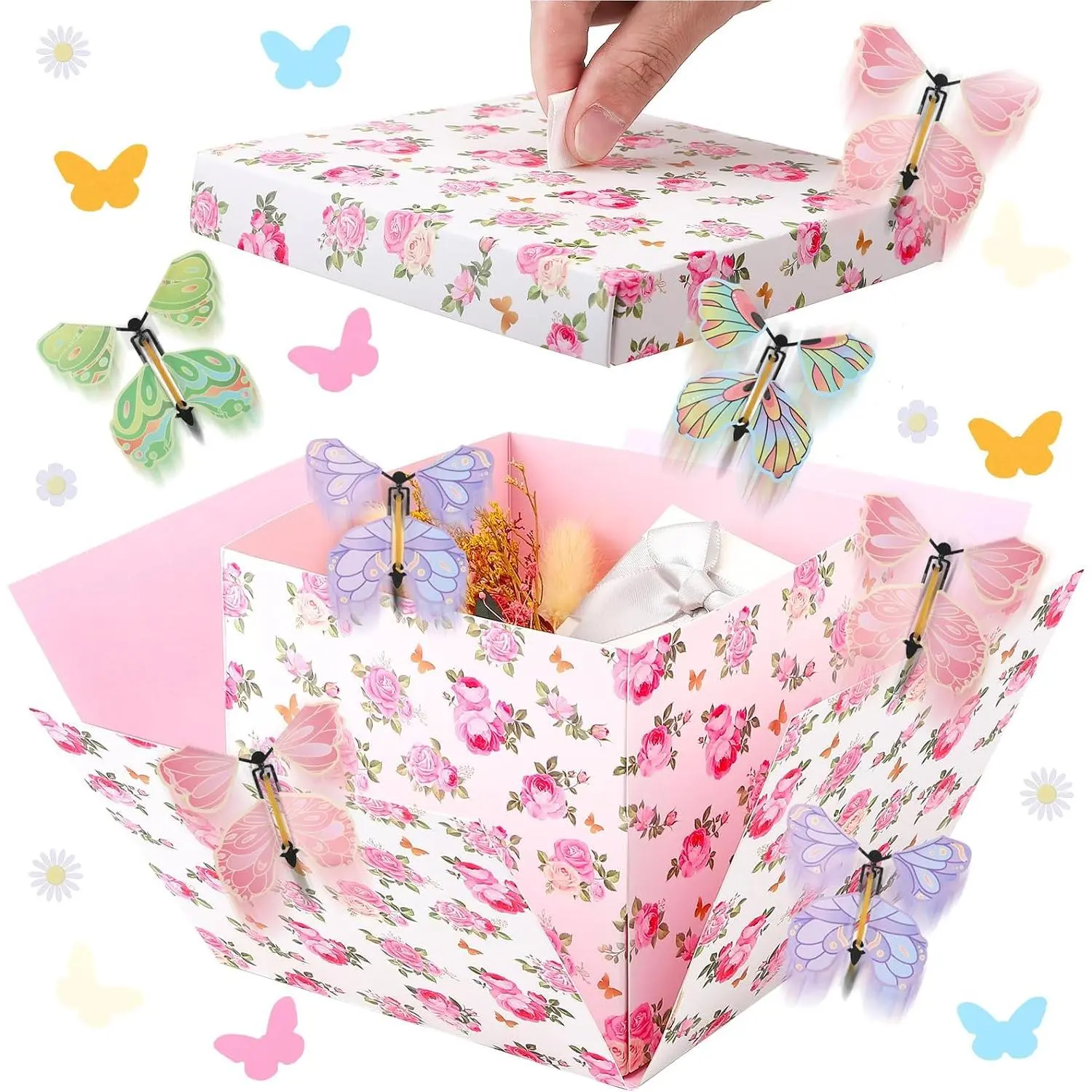 Birthday Flying Butterfly Explosion  Box,   Floral DIY   Box with  Flying Butterfly and Flower Confetti‌ for Graduation, Birthdays, Wildflower, Wedding Party Decoration