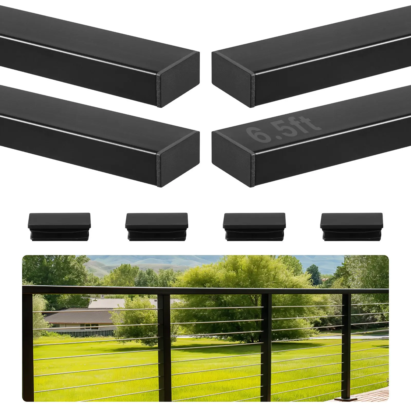 4 Pack 6.5 ft Stainless Steel Handrail, Rectangular Top Stair Deck Hand Rail for Outdoor/Indoor Steps with End Cap, Matte Black Coating Adjustable Metal Stair Rail for Cable Railing Kit
