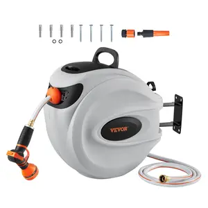 VEVOR Retractable Hose Reel, 100 ftx 1/2 inch, 180 Swivel Bracket Wall-Mounted, Garden Water Hose Reel with 9-Pattern Nozzle, Automatic Rewind, Lock at Any Length, and Slow Return System