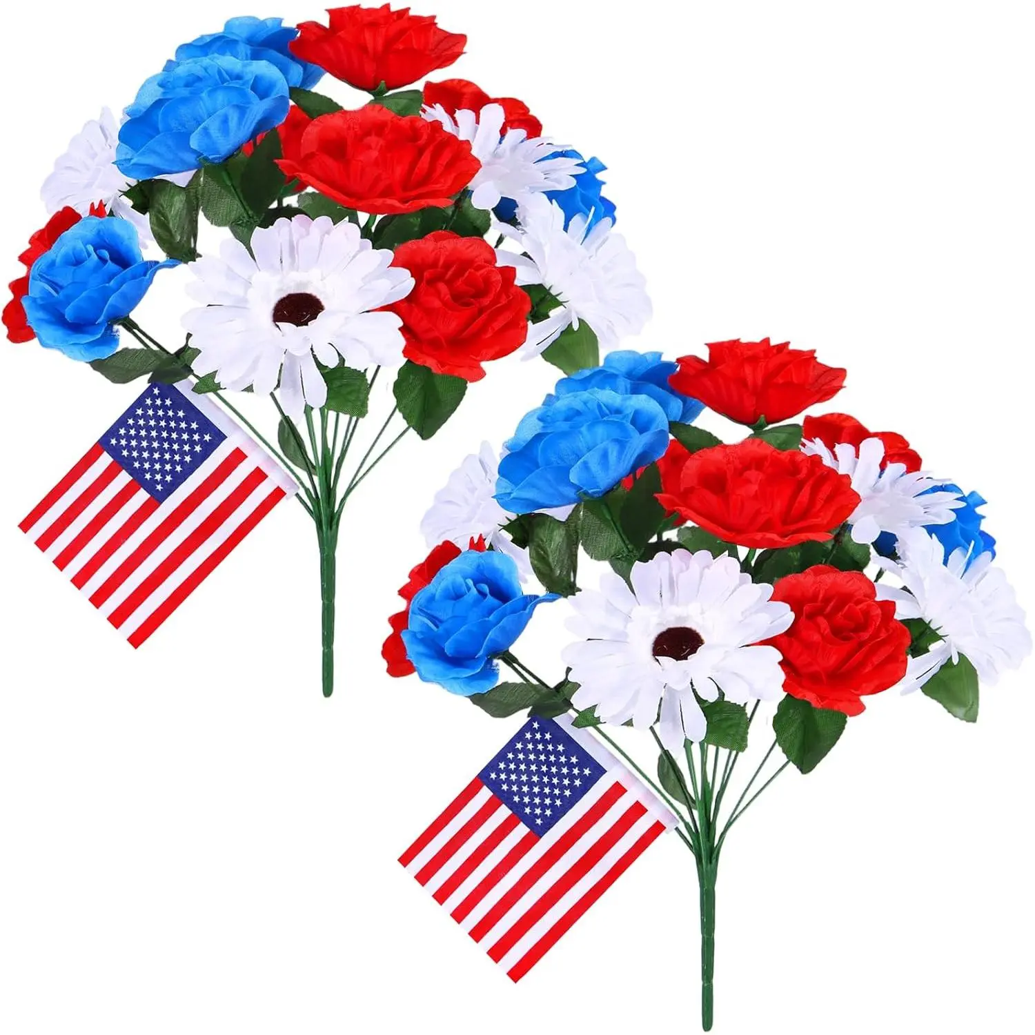 2 Bunches 14 Heads Artificial Flowers for Cemetery, Cemetery Flowers for Grave, 6 Red Roses 4 Blue Roses 4 White Chrysanthemums, Grave Flowers for Cemetery for Memorial Day Veterans Day 4th of July