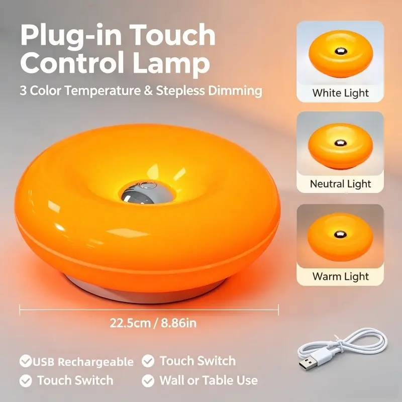 USB Charging Retro Cream Wind Mushroom Doughnut Wall Lamp, Touch Adjust Brightness Color Temperature, Bedroom Study Living Room Decoration