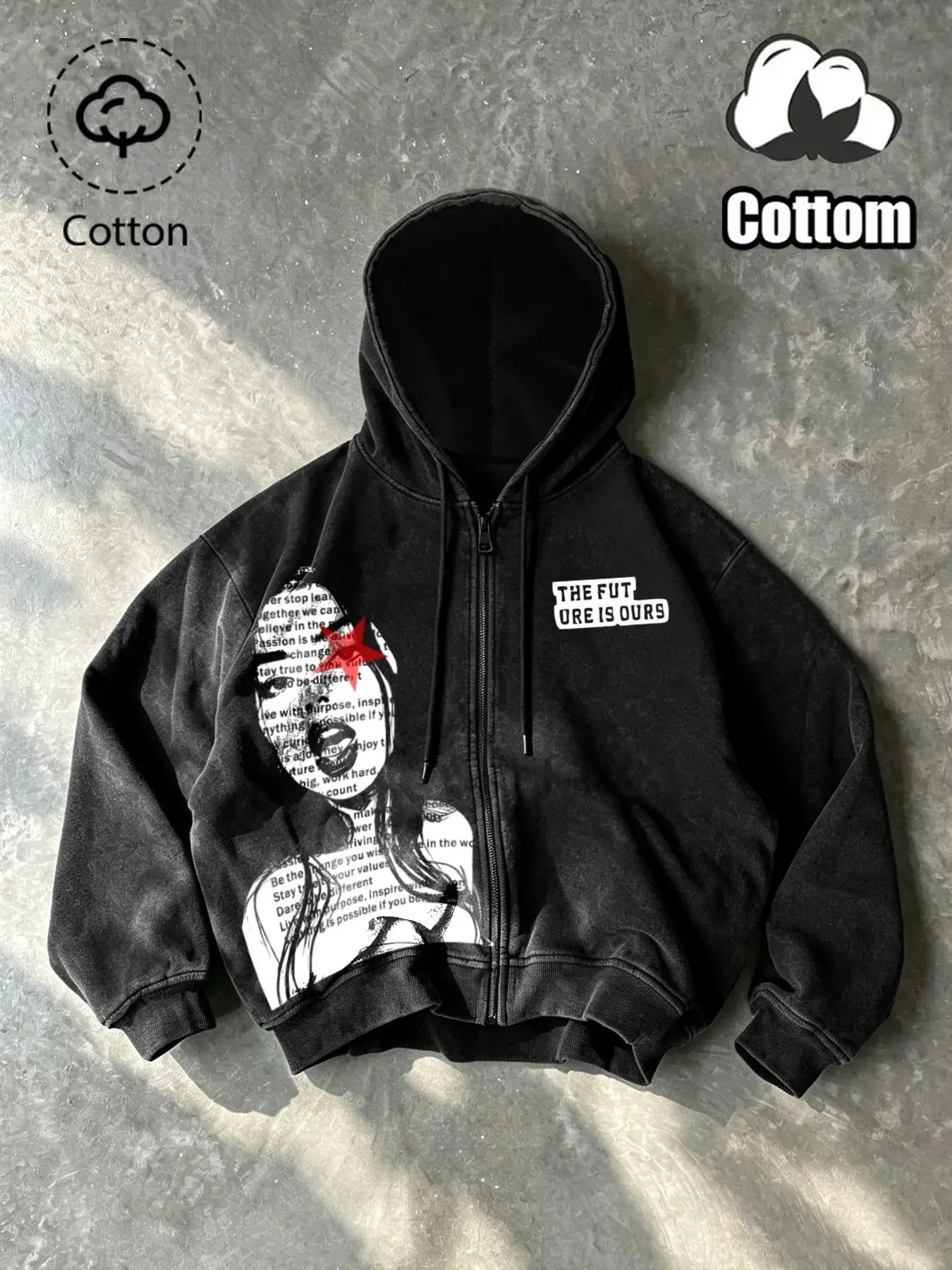 Men's Vintage Washed Hoodie, Long Sleeve Full-Zip Sweatshirt, Newspaper Portrait Print, Soft Cotton, Streetwear, Casual Fall & Winter, Loose Tops#LooseFitHoodie #MensStreetwear #CasualHoodie #FallOutfit #WinterOutfit#MensHoodie #VintageHoodie #WashedHoodi