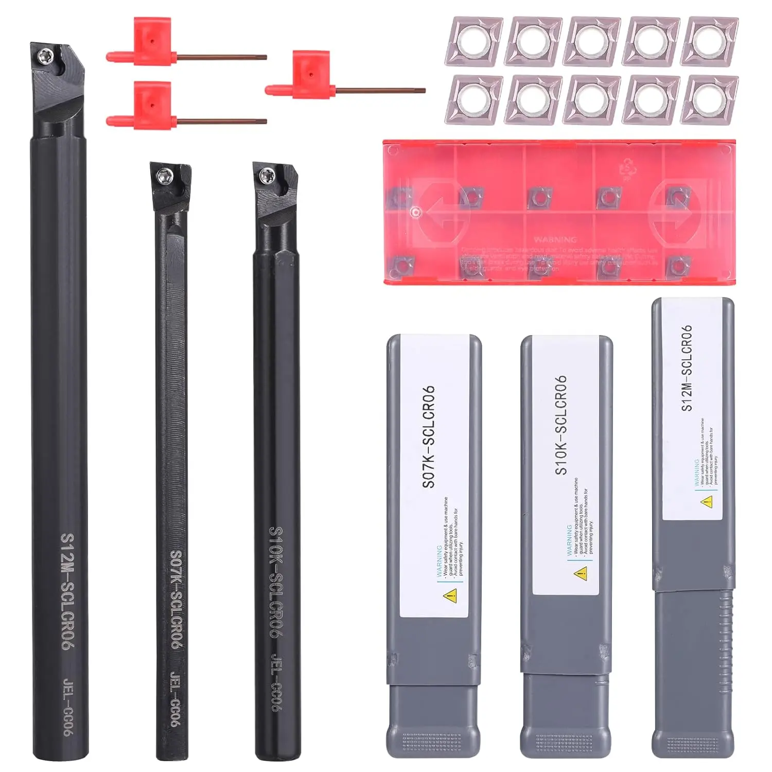 13 Pcs Indexable Lathe Turning Tool Kit, 3pcs Lathe Boring Bars S07K/S10K/S12M-SCLCR06 and 10Pcs Carbide Inserts CCM21.51/CCMT060204