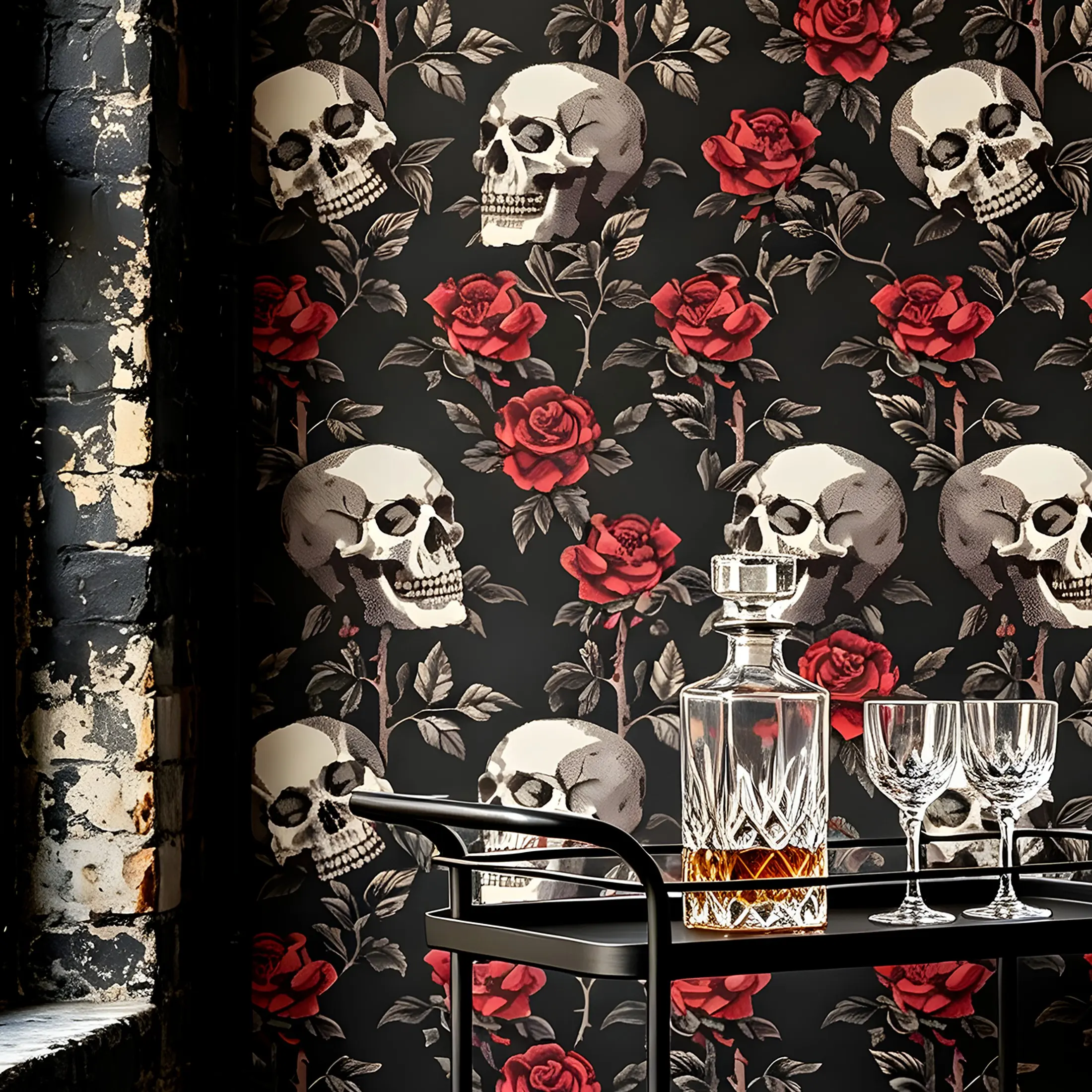 1 Roll 17.5 Inch Self-Adhesive Gothic Wallpaper Peel and Stick, Vintage Rose Skull Pattern, Waterproof Oil-Resistant Fireproof Moisture-Proof, Easy Clean DIY Cut, Ideal for Gaming Room Bedroom Bar Halloween Decor