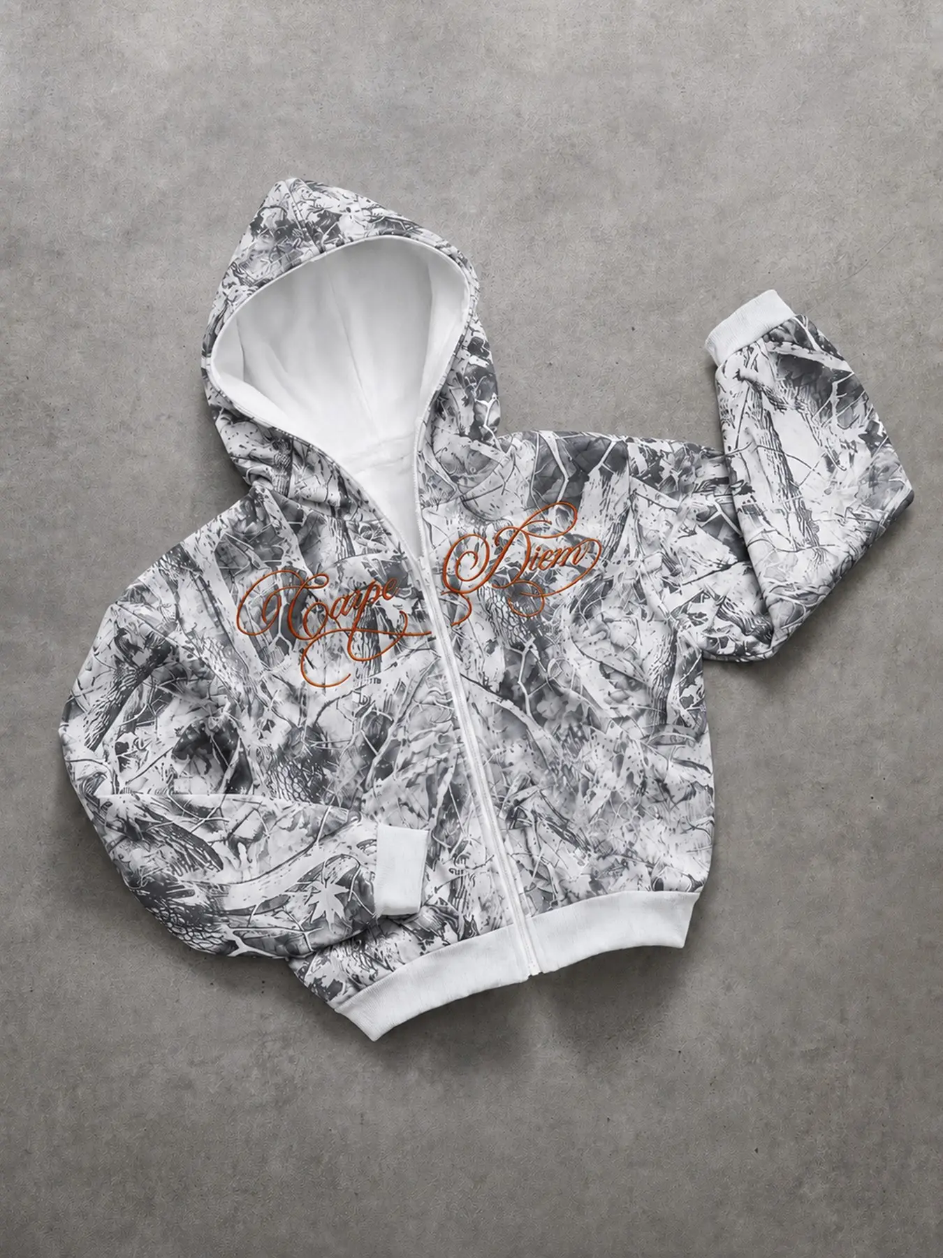 Vintage Streetwear Snow Camo Full-Zip Hoodie, Heavyweight Jacket with Calligraphy Graphic, Unisex Daily Casual Outfit