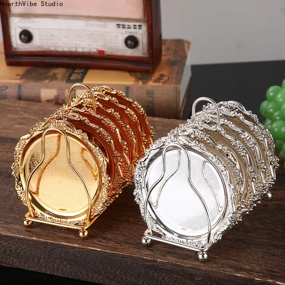 Fruit plate metal engraved plate storage rack plate set light luxury home decoration plate retro snack cake plate