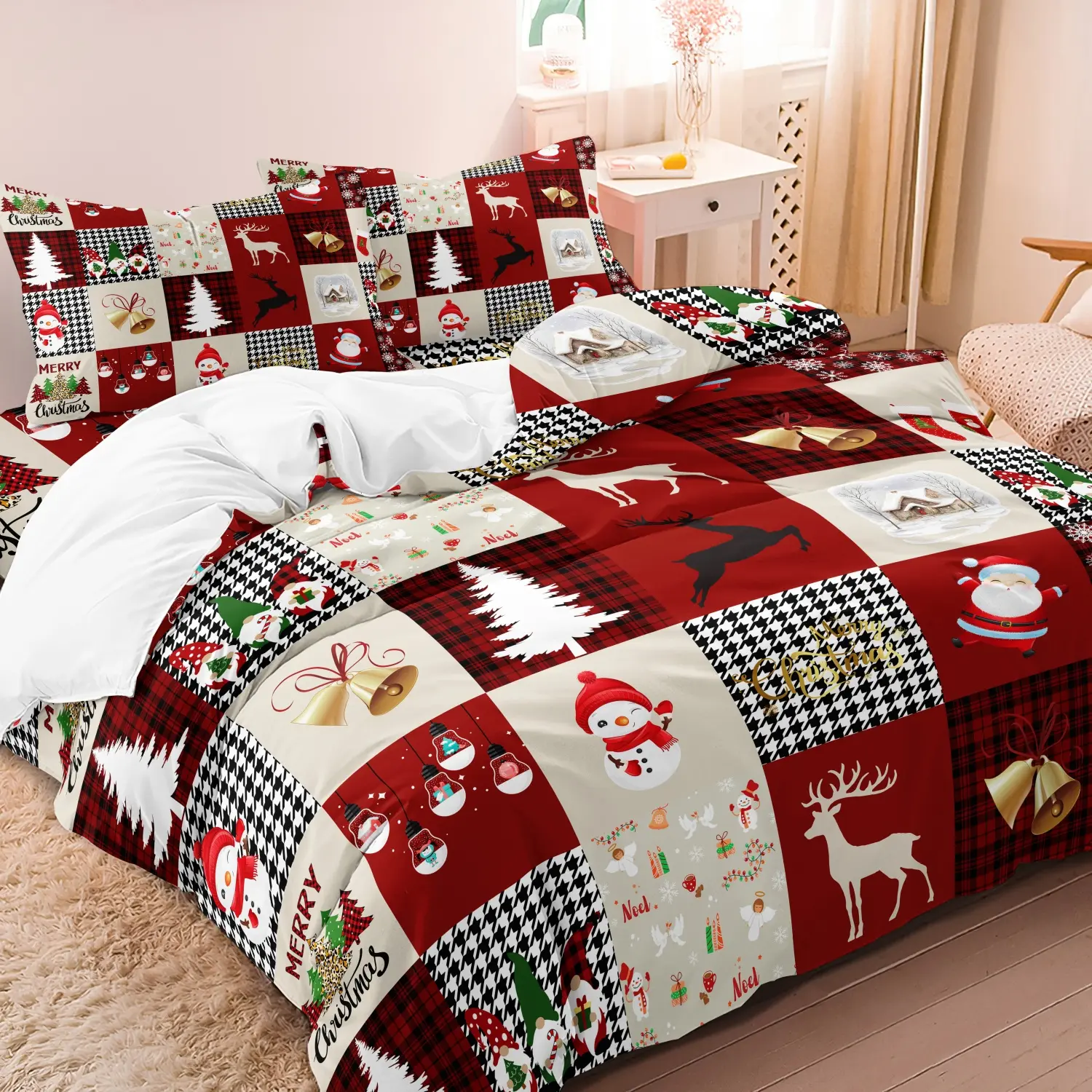 3pcs Christmas Reindeer & Plaid Print Fitted Sheet Set - Breathable Polyester,  (1 Fitted Sheet + 2 Pillowcases, No Pillow), Machine Washable - Perfect for All Seasons, Winter, Christmas Present