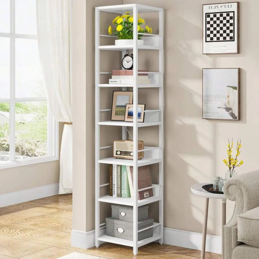 6 Tier Corner Shelf, 75" Tall Narrow Bookshelf Storage Rack, Etagere Shelves Display Stand Small Spaces, Living Room Home Ofice Decor Furniture, White