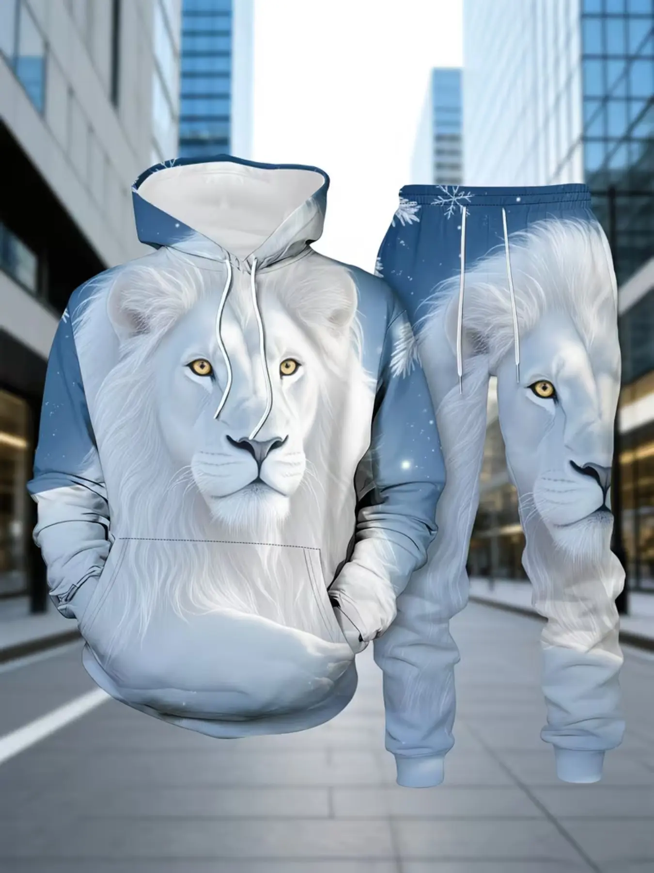 Two-Piece Set Heavy-Duty Snowy Lion 3D Full Print Hoodie, High-Definition Digital Printing, Soft Breathable Fabric, Loose Fit Casual