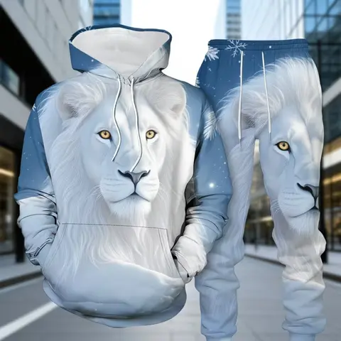 Two-Piece Set Heavy-Duty Snowy Lion 3D Full Print Hoodie, High-Definition Digital Printing, Soft Breathable Fabric, Loose Fit Casual, Hooded Sweatshirt Set
