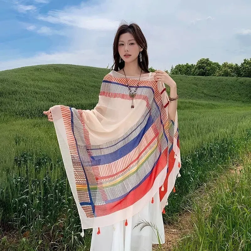 Summer Thin Sun Protection Shawl for Women, New Elegant Air Condition Cover Up, Travel Beach Scarf Outerwear, Beach Travel, Cover-Up Wrap, Female Use