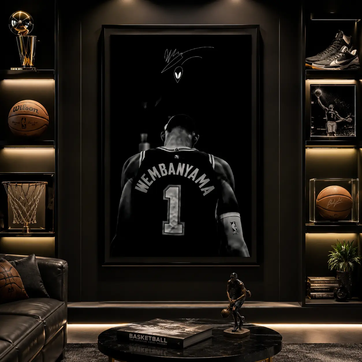 Basketball Alien-Inspired Canvas Poster, Minimalist Futuristic Cartoon Graphic Wall Art, Multi-Size Sports Decor for Bedroom Man Cave, Athlete Room Gift Idea for Basketball Fans’ Birthday