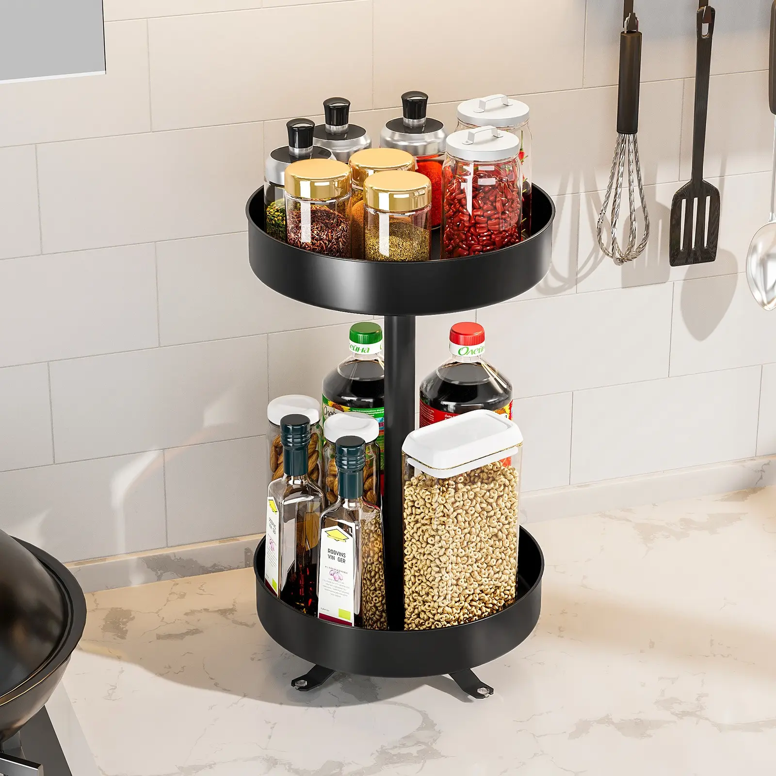 1 piece, 2 tiers, rotating spice rack,Easy-to-install spice rack,With suction cups,Multifunctional, space-saving storage rack,Kitchen countertop storage rack,Easy to Use, Kitchen Accessories
