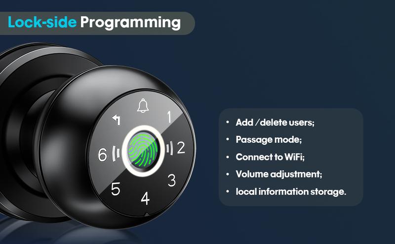 5-in-1 WiFi Smart Fingerprint Door Knob Lock - Built-in WiFi, Lock-Side Programming, APP Compatibility, Triggered Remote Unlock, Real-Time Alerts, Door Locks for Bedrooms & Offices g home Anti-Theft Fingerprint Door Lock Keyless Biometric digital entry