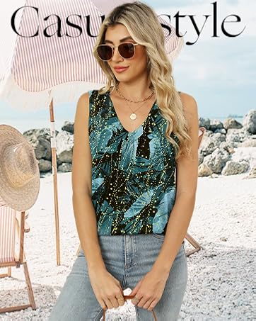 WIHOLL Tank Top for Women Loose Fit Sleeveless Shirts V Neck Summer Clothes Ruched Women's Tees and Tanks Curved Hem SpringStatements