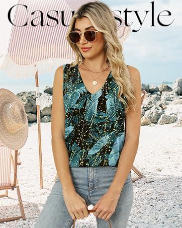 WIHOLL Tank Top for Women Loose Fit Sleeveless Shirts V Neck Summer Clothes Ruched Women's Tees and Tanks Curved Hem