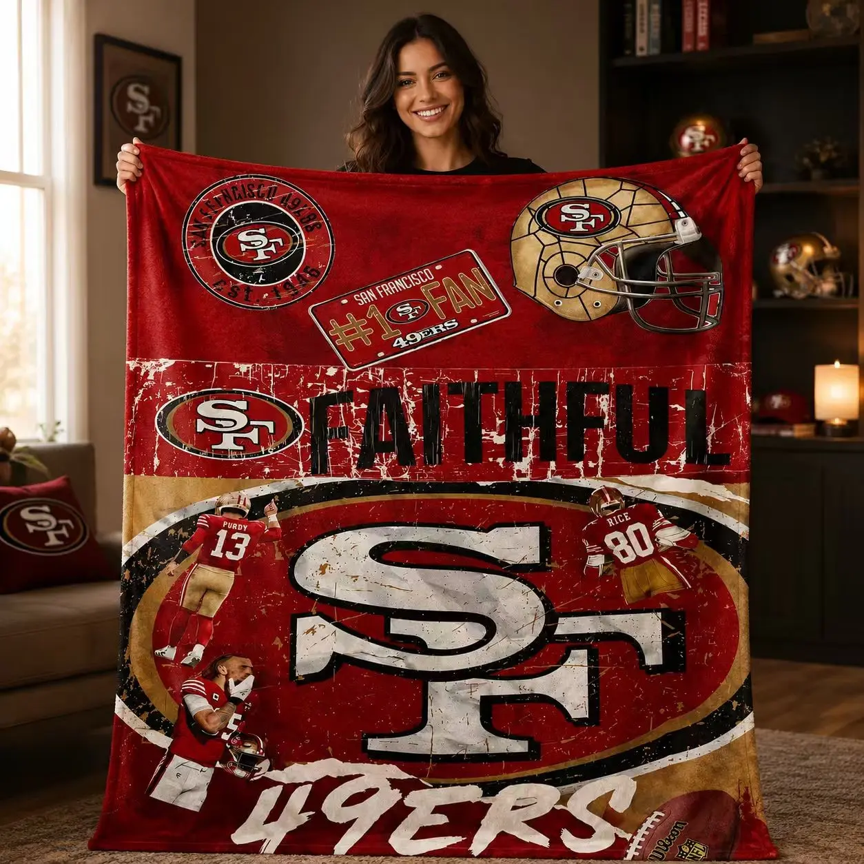 San Francisco 49ers Flannel Blanket, Vintage Texture Team Logo, Thick Soft Anti-Pilling Washable, All-Season Adult Throw, Gift for Football Fans